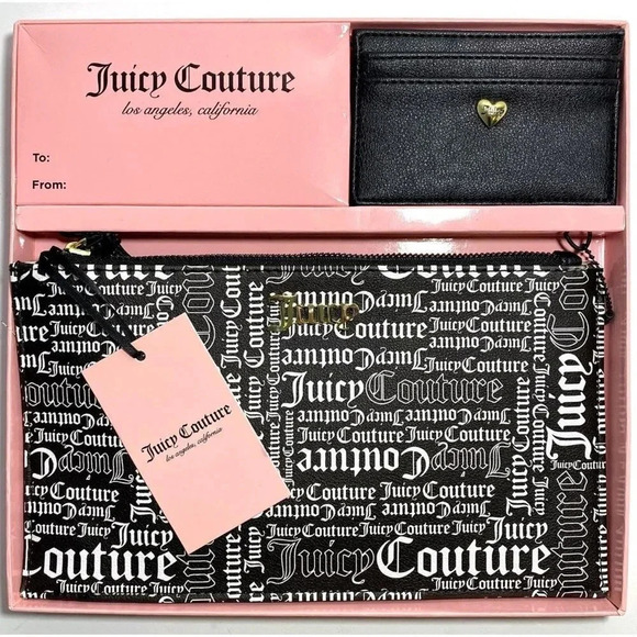 Juicy Couture Black White Gothic Logo Wristlet & Black Card Case Set New - Picture 1 of 3